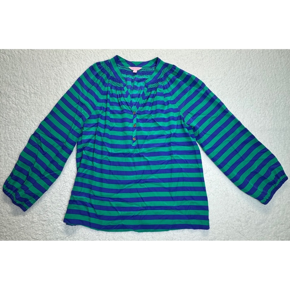 Lilly Pulitzer Silk Blouse Top Blue Green Striped 3/4 Sleeve Women's M